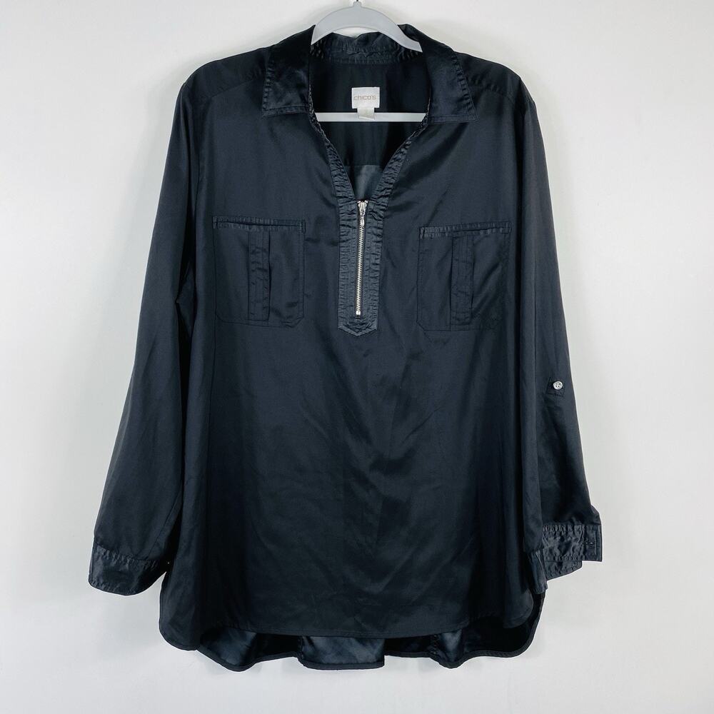 Chico's Top XL 3 16 Black Long Sleeve Satin Trim Blouse
